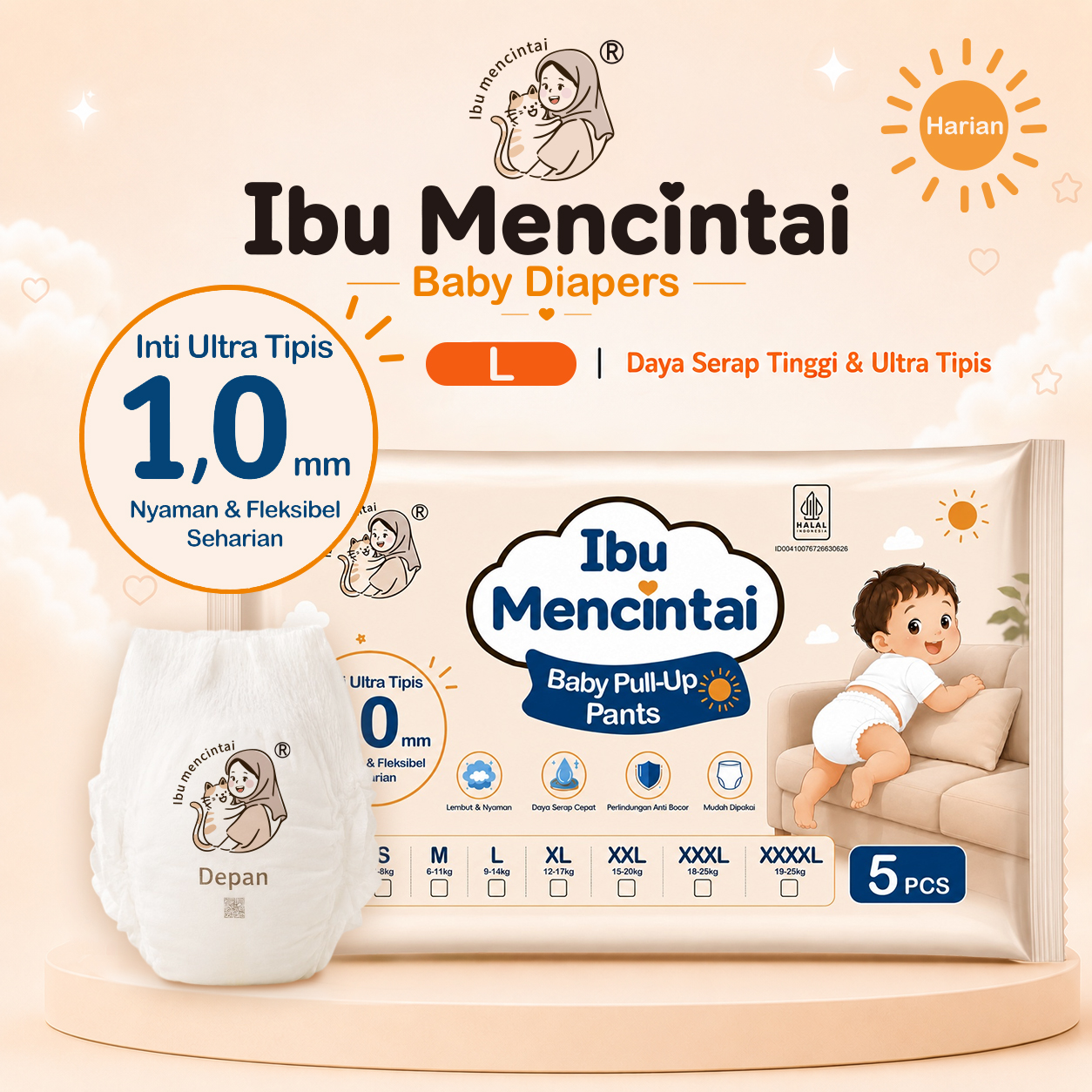 Detail popok dan kemasan Ibu Mencintai Baby Pull-Up Pants