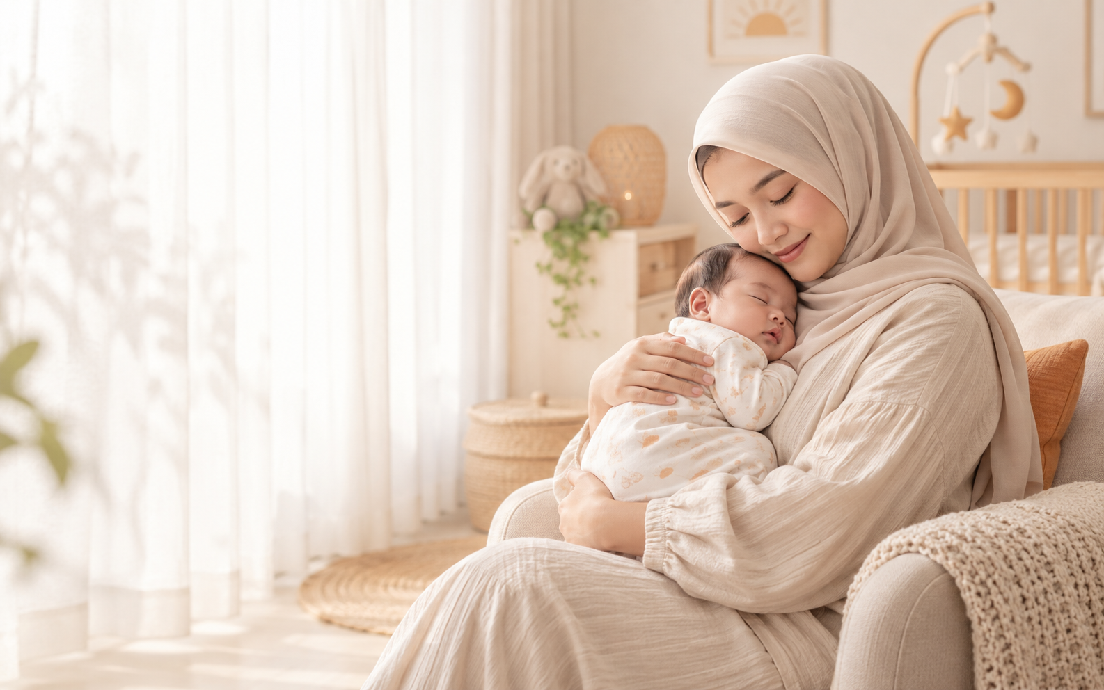 Ibu Indonesia memeluk bayi yang tertidur di kamar bernuansa hangat